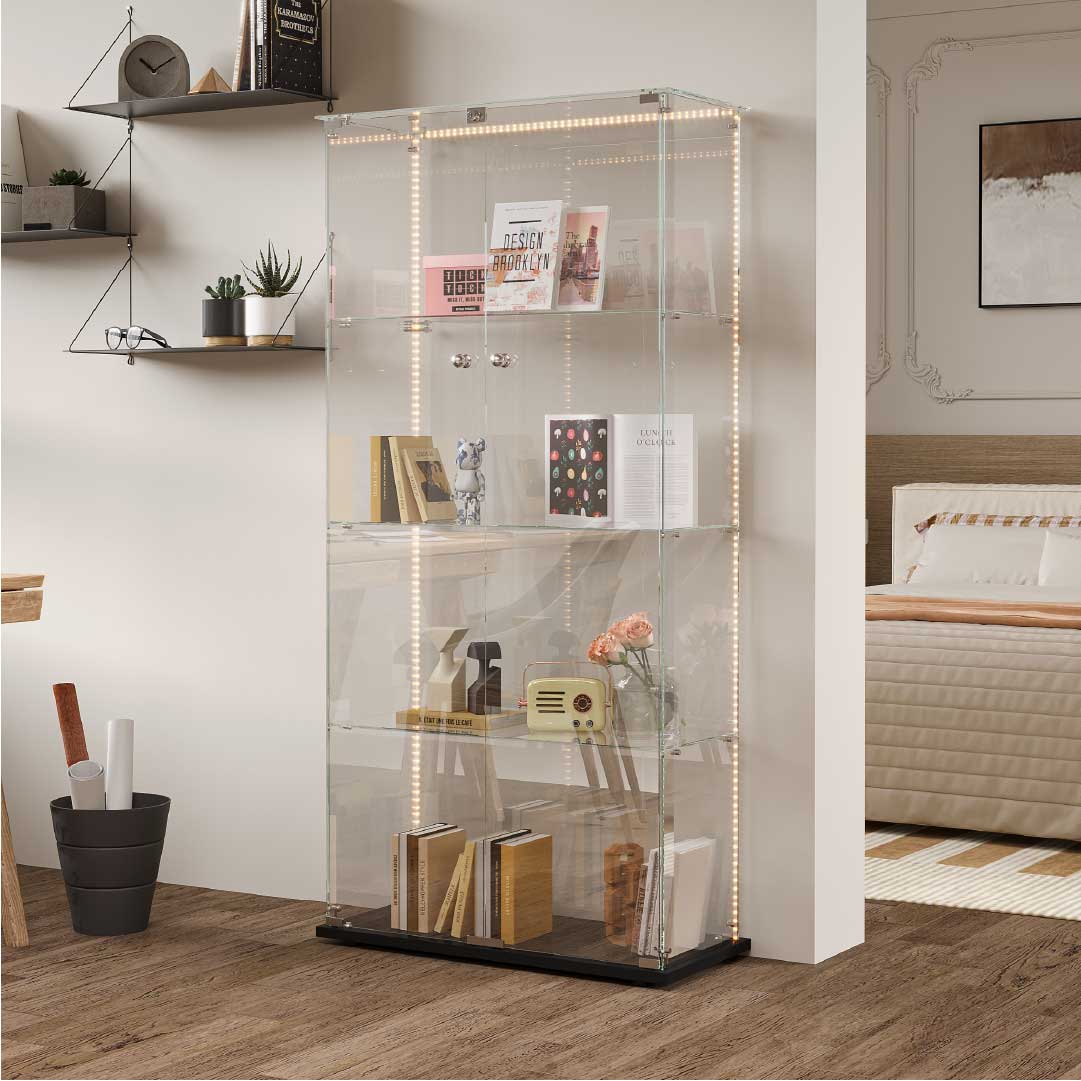 Yelenaro Glasvitrine 163×80×35 cm – LED Sammlervitrine aus Glas mit Türen & Schloss