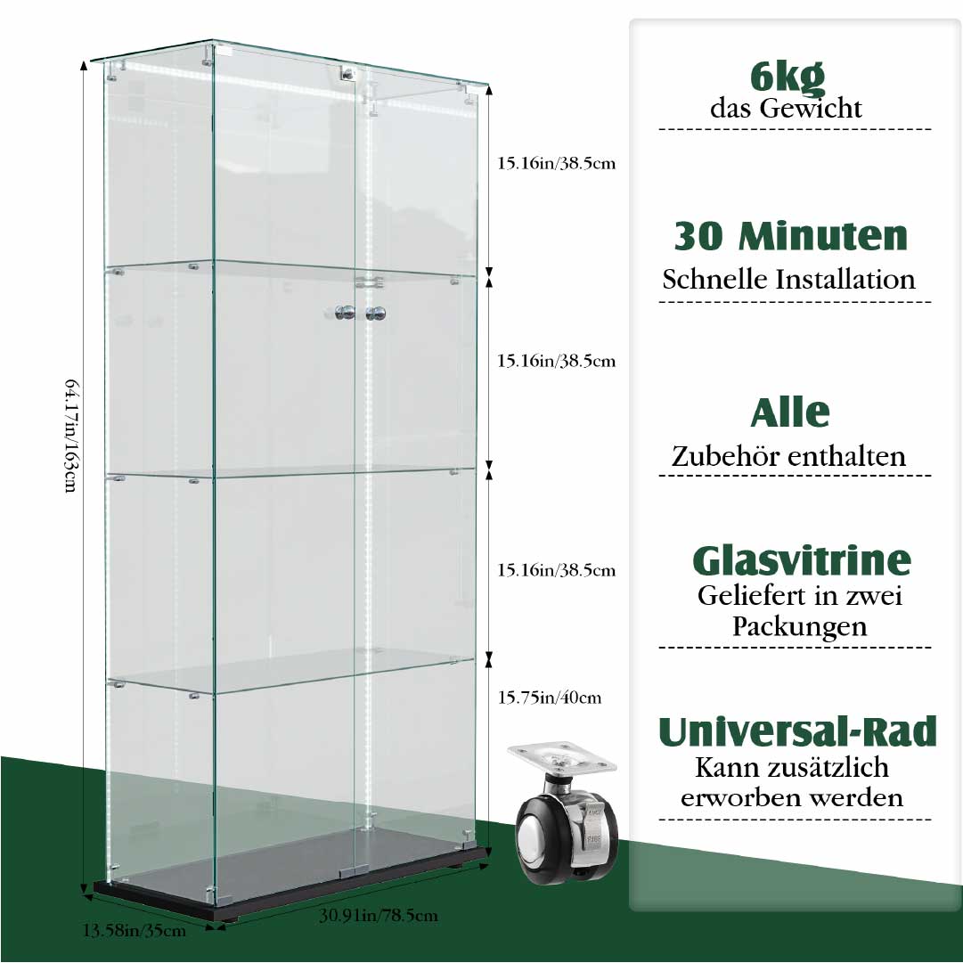 Yelenaro Glasvitrine 163×80×35 cm – LED Sammlervitrine aus Glas mit Türen & Schloss