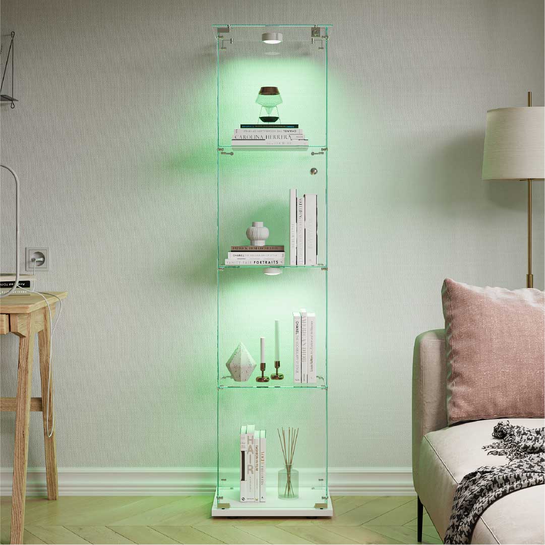 Yelenaro Glasvitrine mit LED – Standvitrine 163 cm, 4 Ebenen, mit Schloss