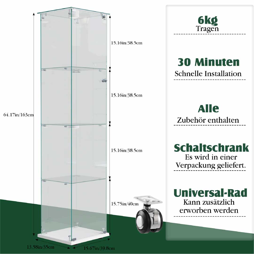 Yelenaro Glasvitrine mit LED – Standvitrine 163 cm, 4 Ebenen, mit Schloss