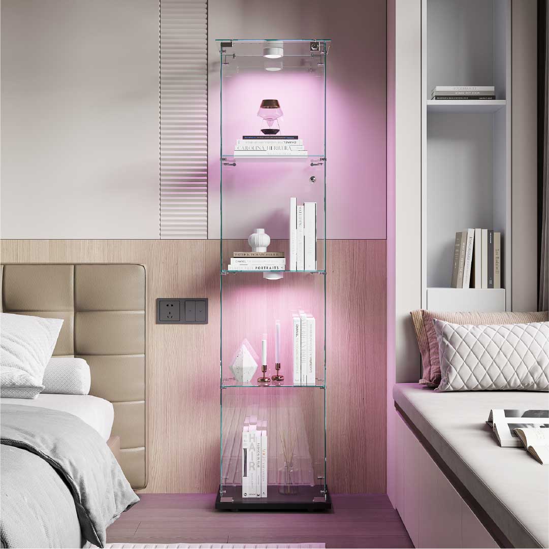 Yelenaro Glasvitrine mit LED – Standvitrine 163 cm, 4 Ebenen, mit Schloss