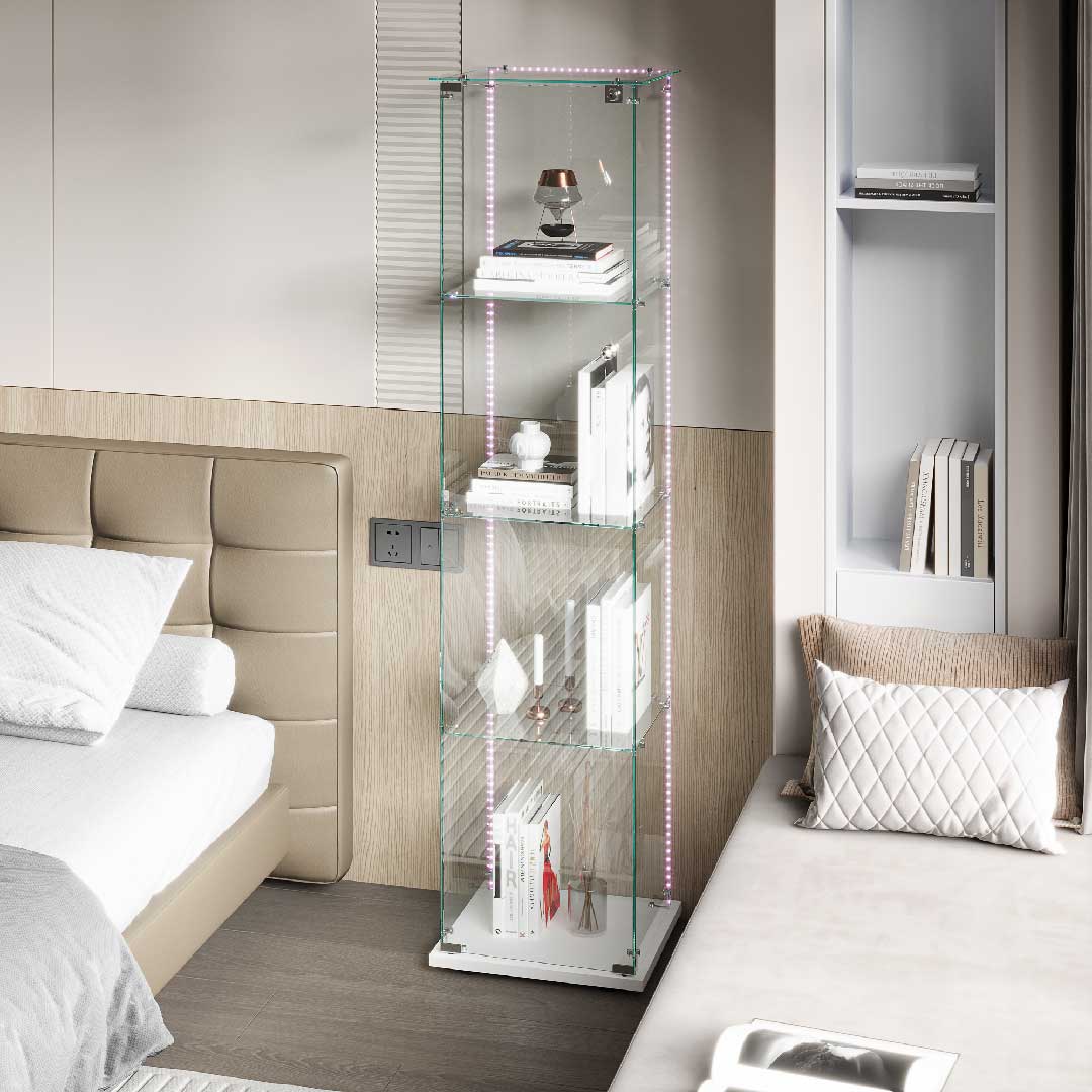 Yelenaro Glasvitrine mit LED – Schmal & Breit, 4 Ebenen, Weiß