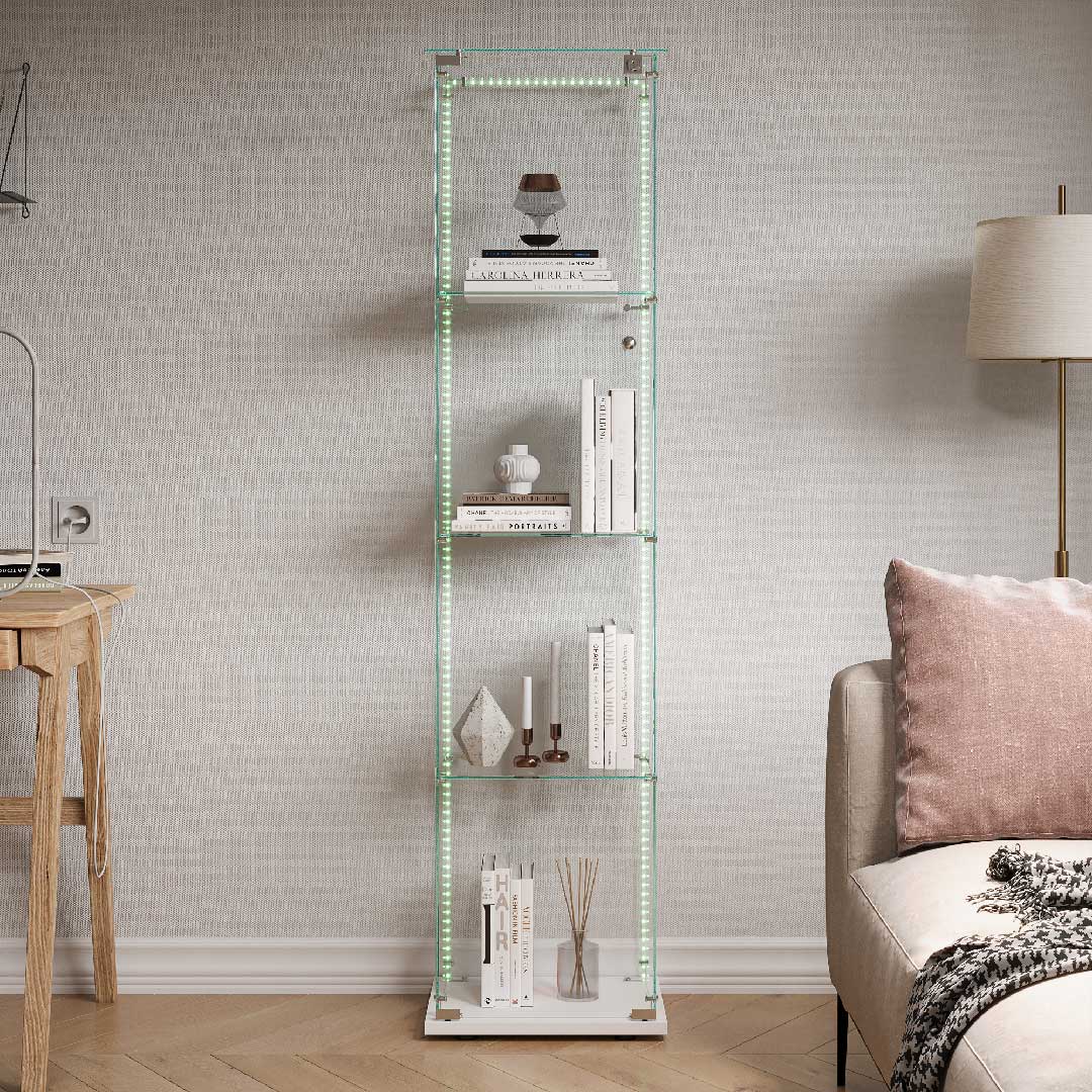 Yelenaro Glasvitrine mit LED – Schmal & Breit, 4 Ebenen, Weiß