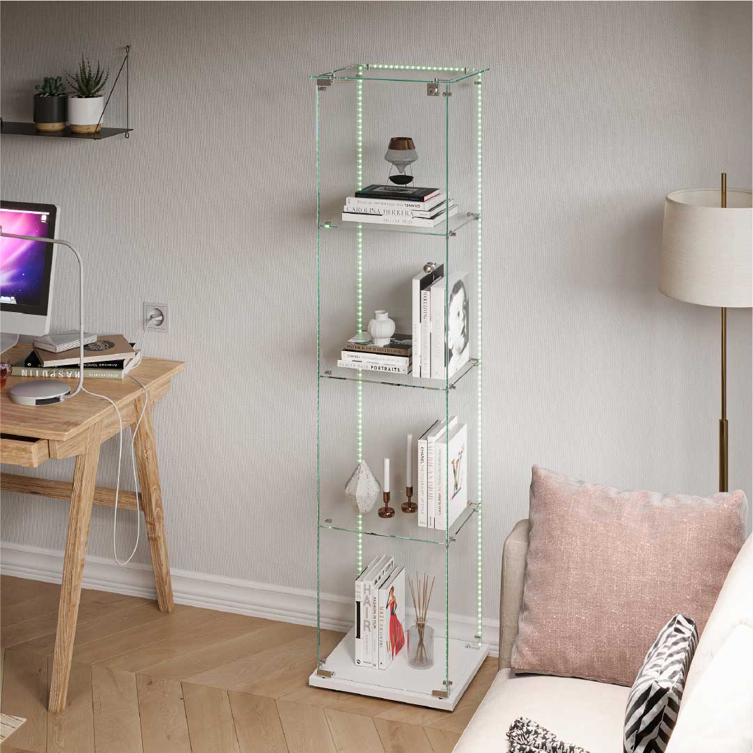 Yelenaro Glasvitrine mit LED – Standvitrine 163 cm, 4 Ebenen, mit Schloss