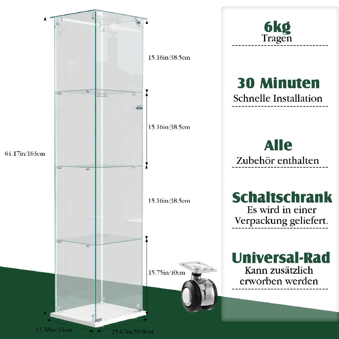 Yelenaro Glasvitrine mit LED – Schmal & Breit, 4 Ebenen, Weiß