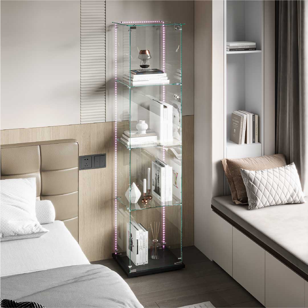 Yelenaro Glasvitrine mit LED – Standvitrine 163 cm, 4 Ebenen, mit Schloss
