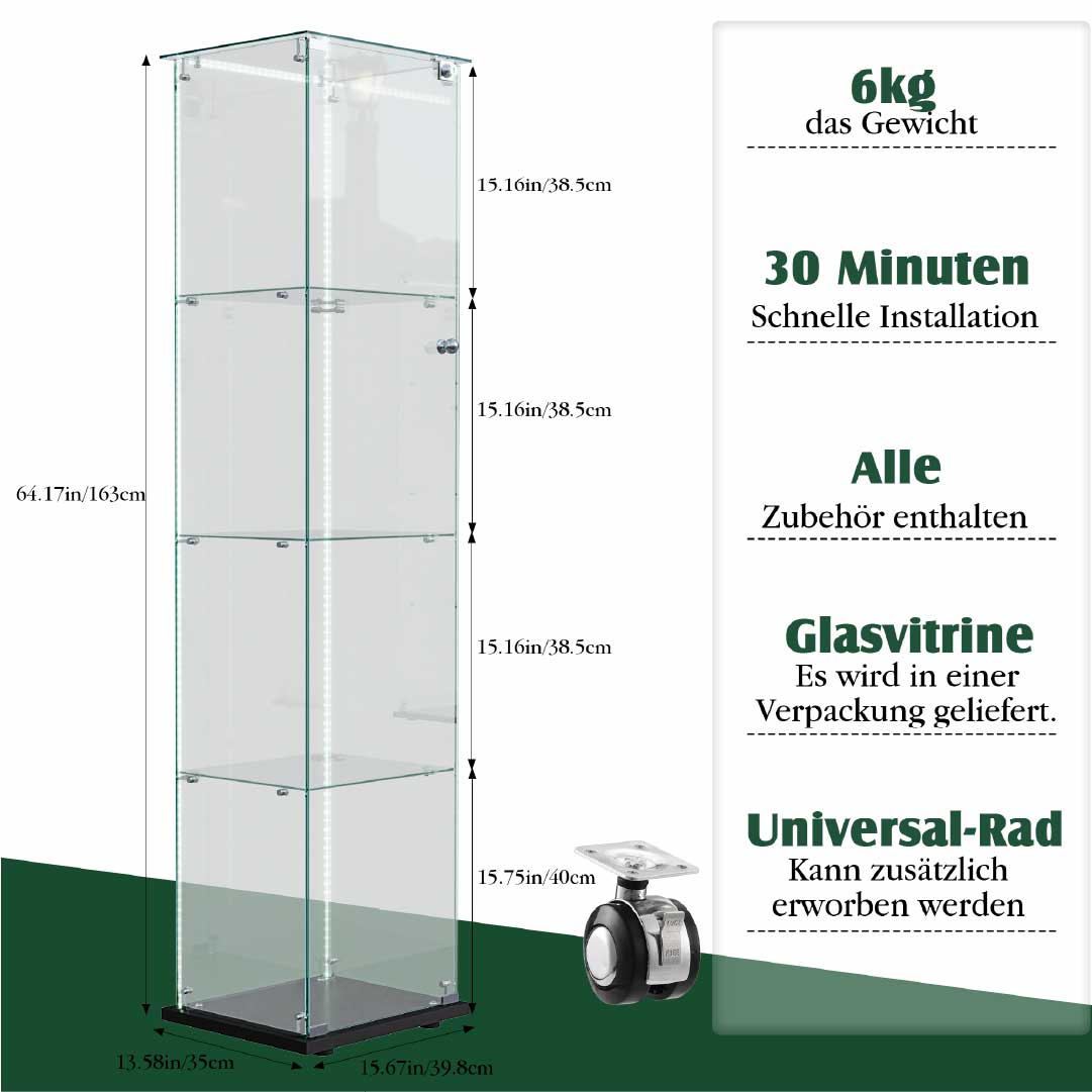 Yelenaro Glasvitrine mit LED – Standvitrine 163 cm, 4 Ebenen, mit Schloss