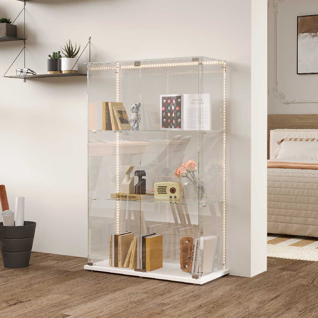 Yelenaro Glasvitrine mit LED, 123 cm, Weiß & Schwarz, 3 Böden