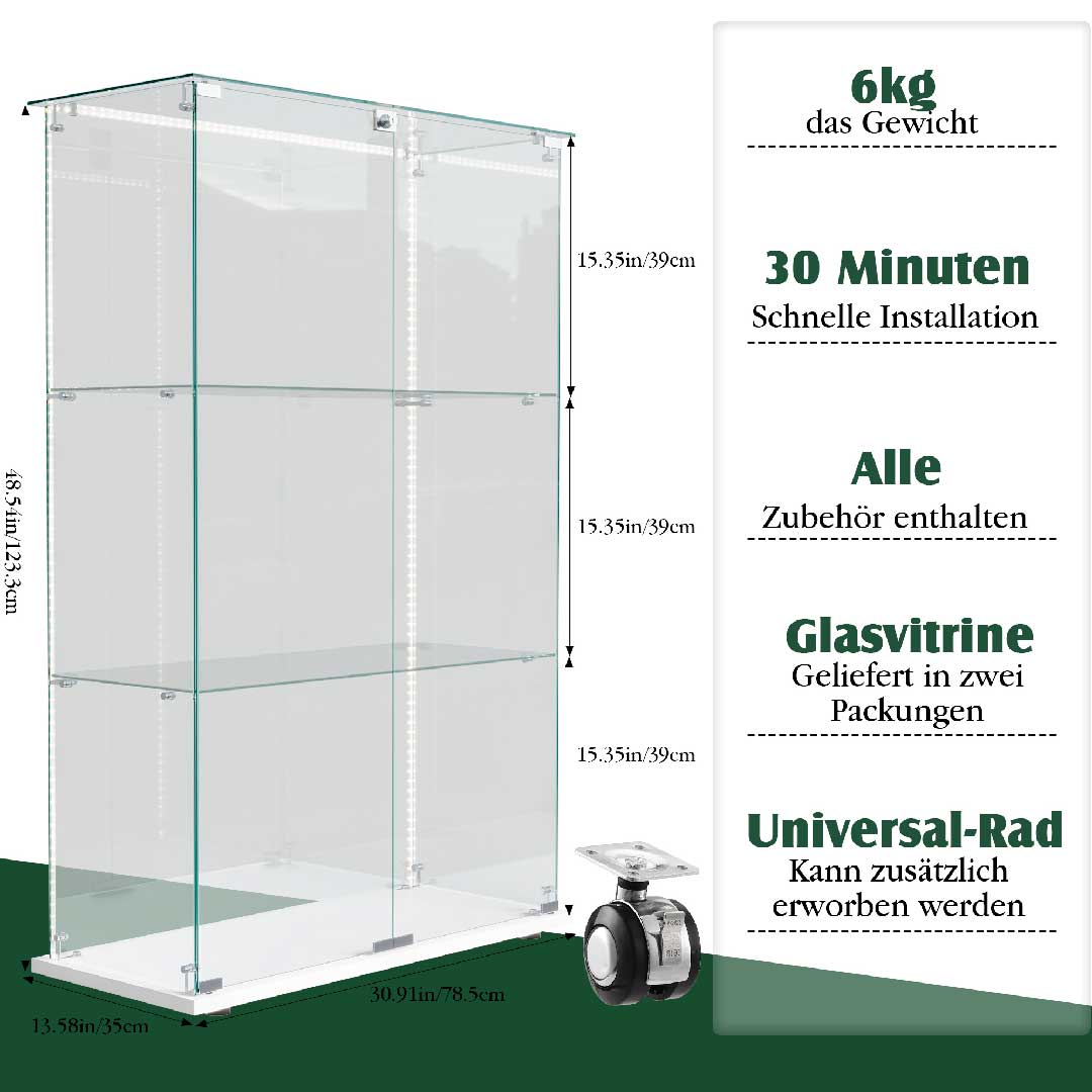 Yelenaro Glasvitrine mit LED, 123 cm, Weiß & Schwarz, 3 Böden