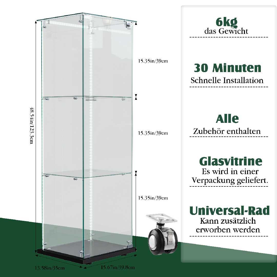 Yelenaro Glasvitrine mit LED, 123 cm, Weiß & Schwarz, 3 Böden