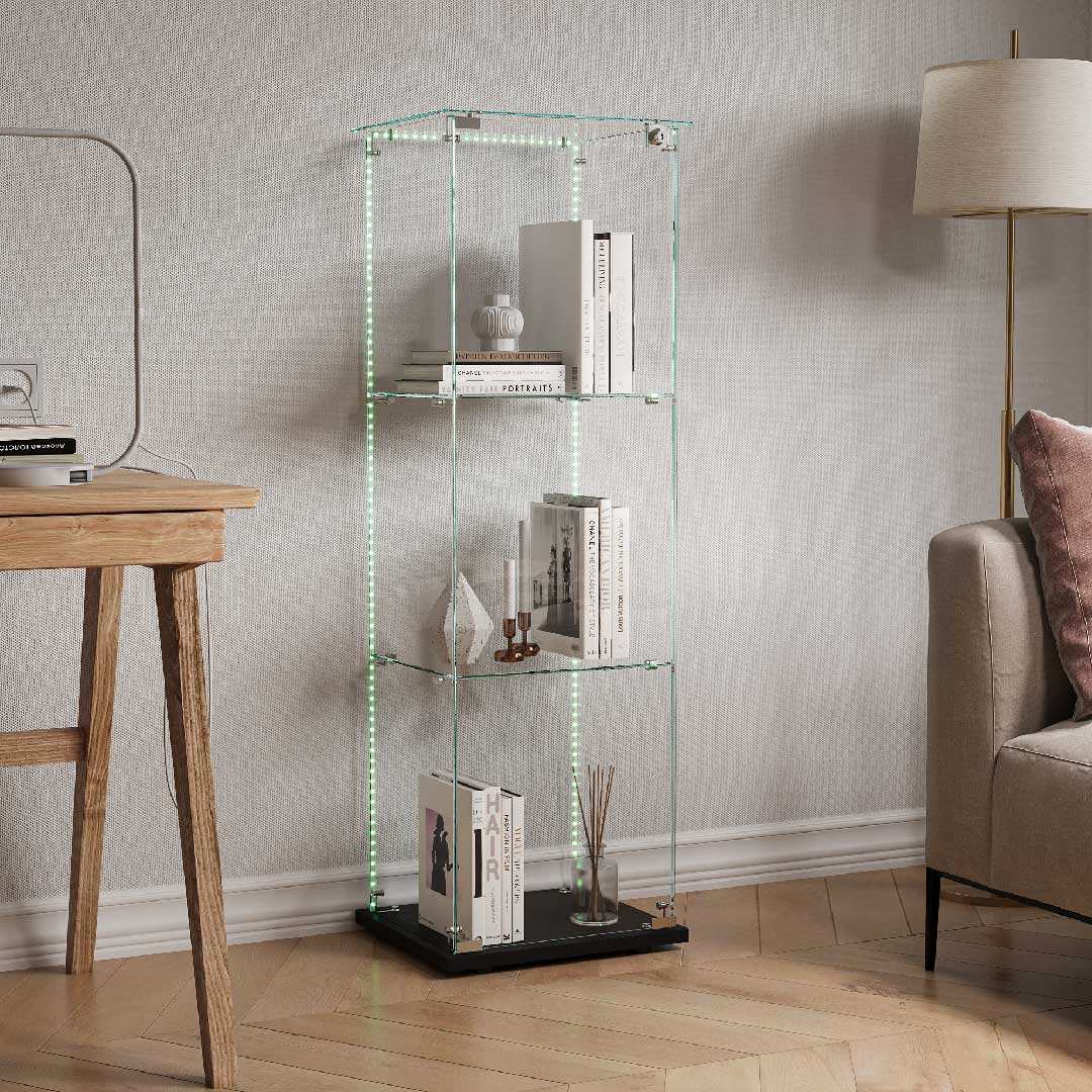 Yelenaro Glasvitrine mit LED, 123 cm, Weiß & Schwarz, 3 Böden