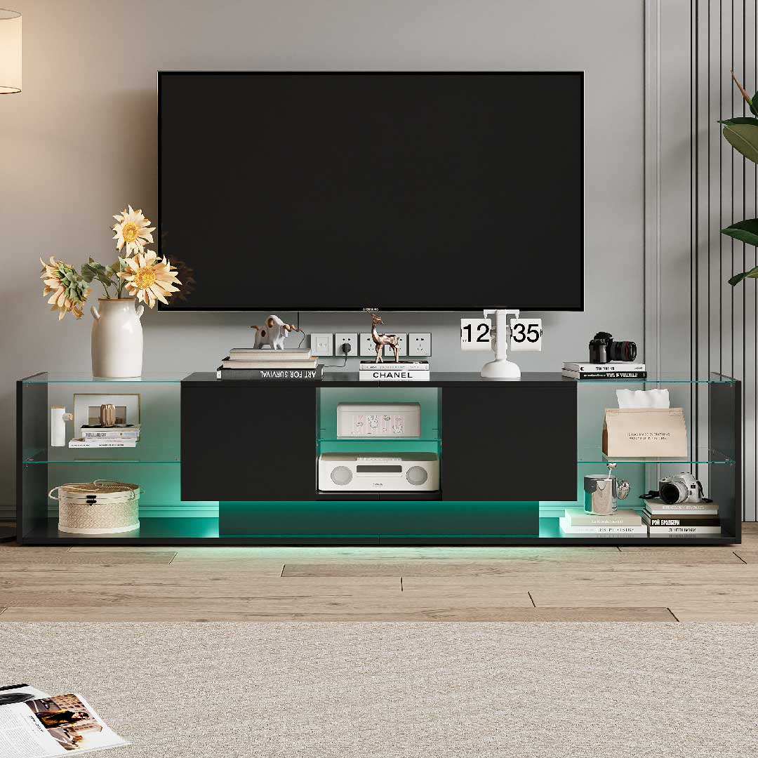 Yelenaro LED TV Lowboard 200 cm – Modernes TV-Möbel mit Glasregalen & RGB-Beleuchtung