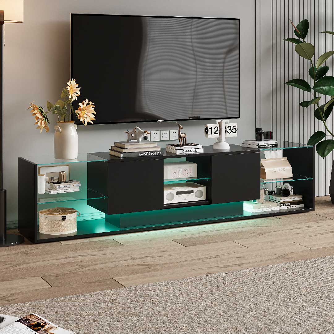 Yelenaro LED TV Lowboard 200 cm – Modernes TV-Möbel mit Glasregalen & RGB-Beleuchtung