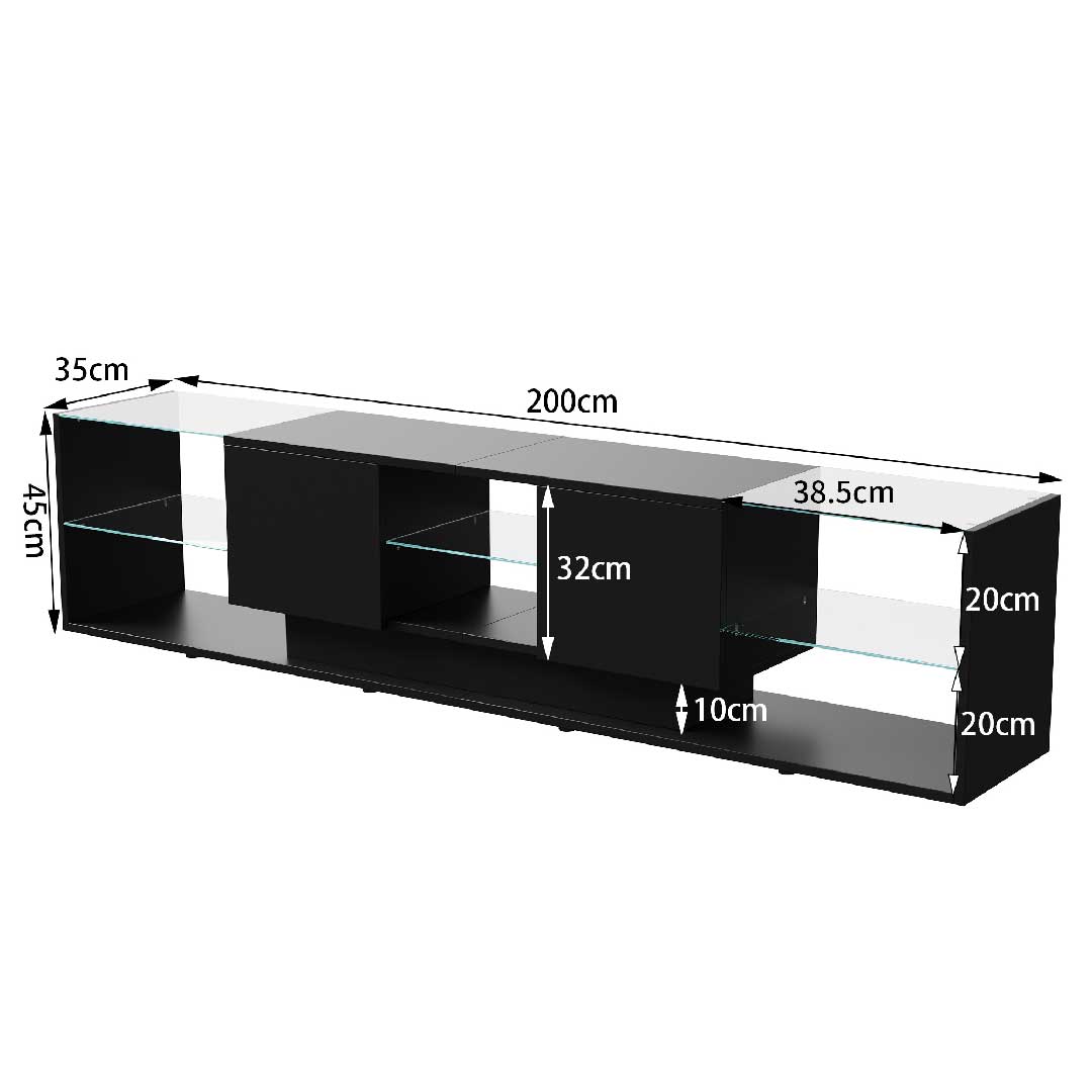 Yelenaro LED TV Lowboard 200 cm – Modernes TV-Möbel mit Glasregalen & RGB-Beleuchtung