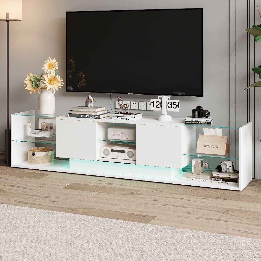 Yelenaro LED TV Lowboard 200 cm – Modernes TV-Möbel mit Glasregalen & RGB-Beleuchtung