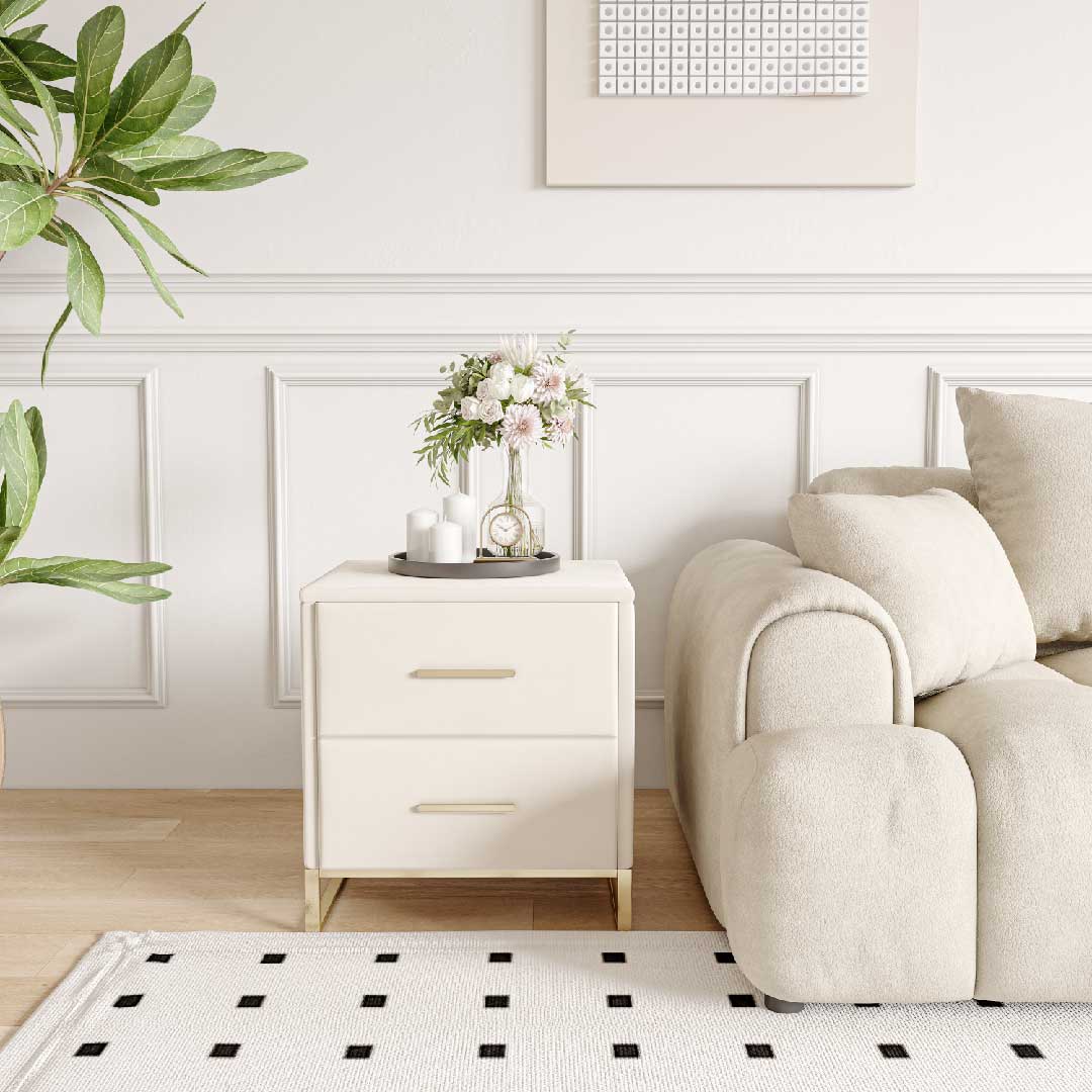 Yelenaro Nachttisch mit 2 Schubladen, Beige Samt & Gold