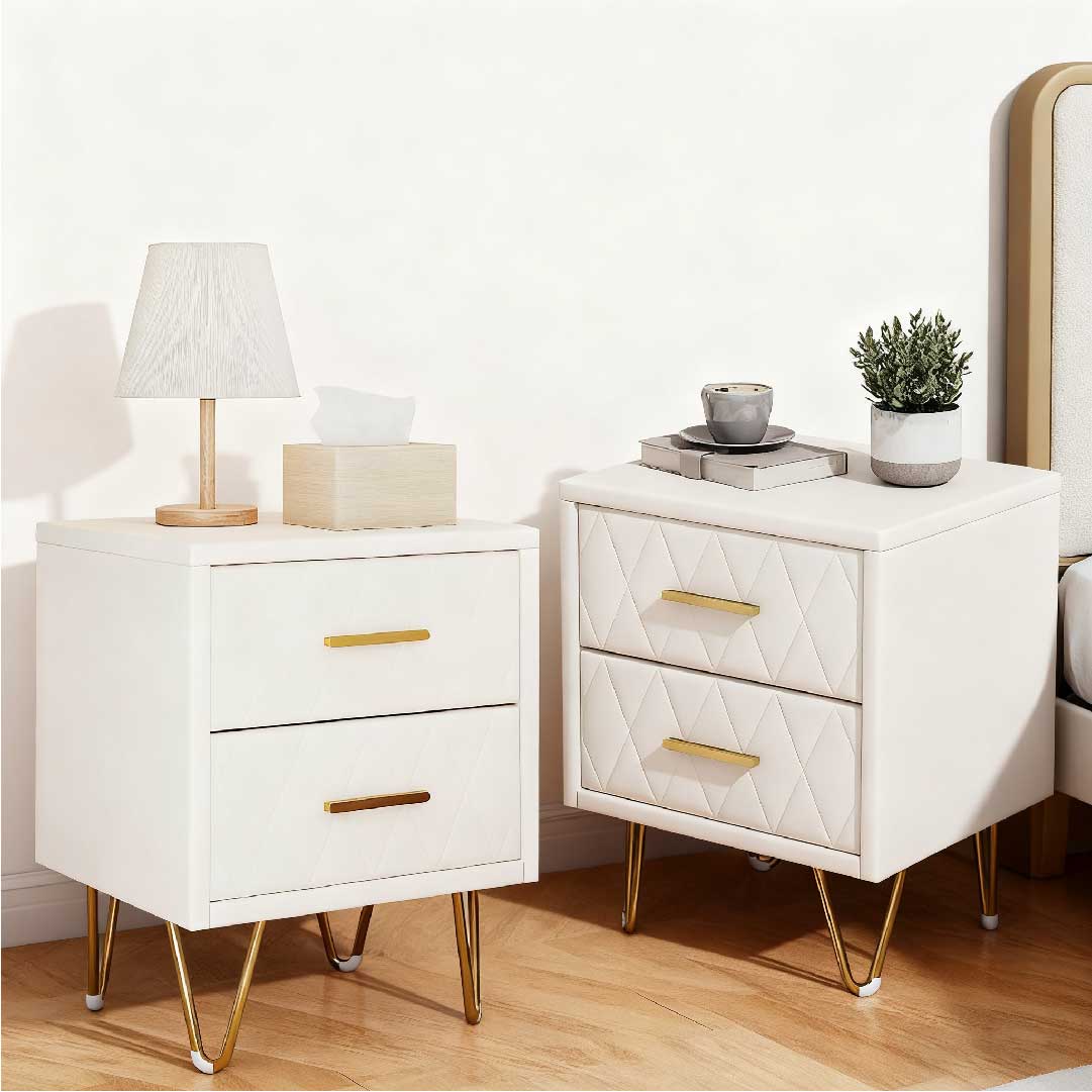 Yelenaro Nachttisch mit 2 Schubladen, Weiß & Gold, Modern 51 cm