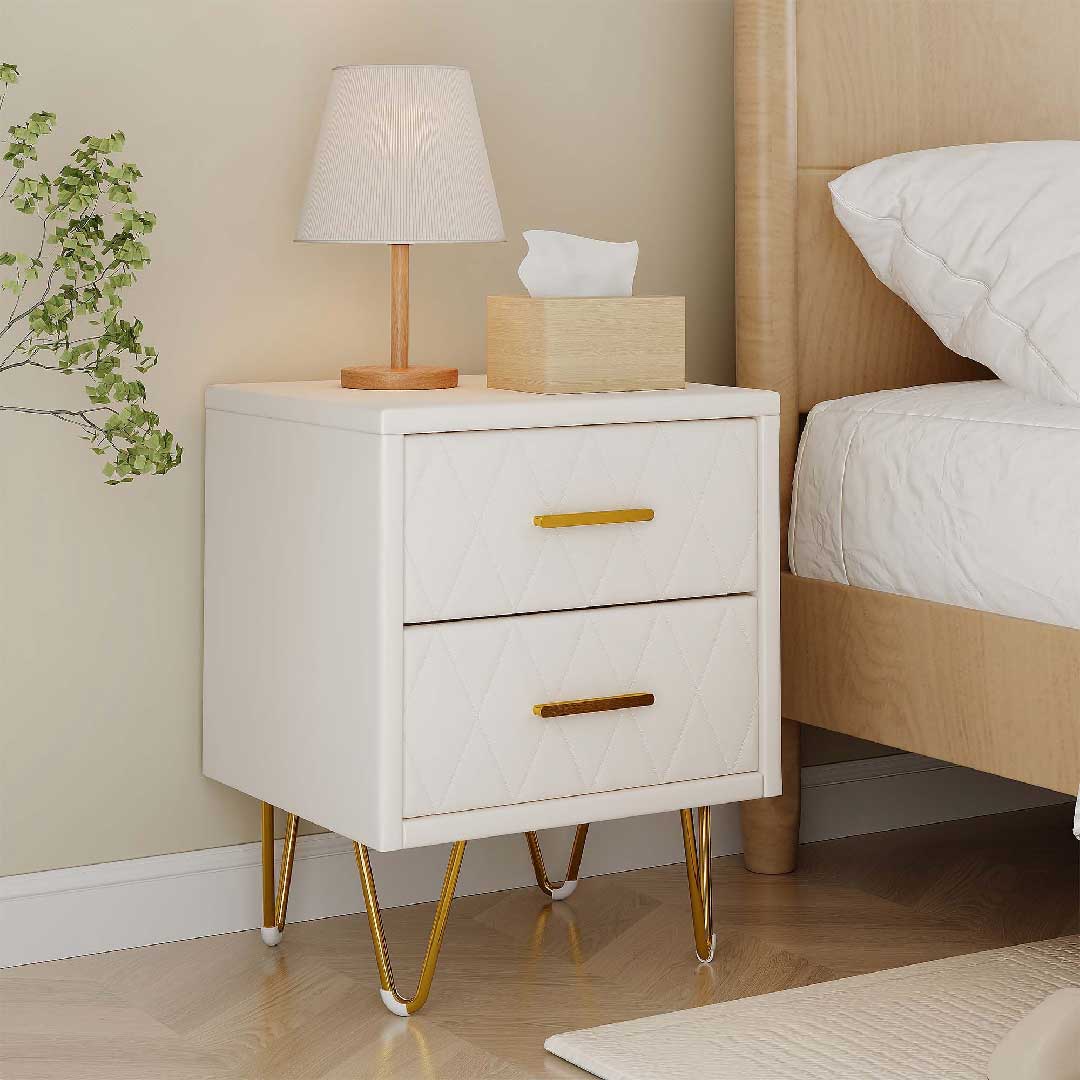 Yelenaro Nachttisch mit 2 Schubladen, Weiß & Gold, Modern 51 cm