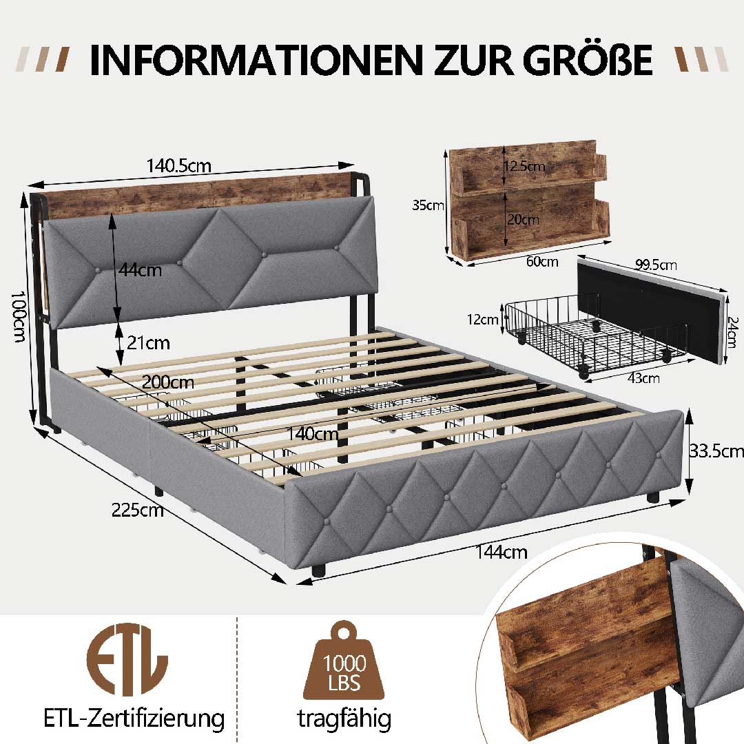 Größentabelle des Yelenaro Polsterbetts 140x200 cm mit USB-Anschluss und vier Schubladen – technische Maße und ETL-zertifizierte Konstruktion.