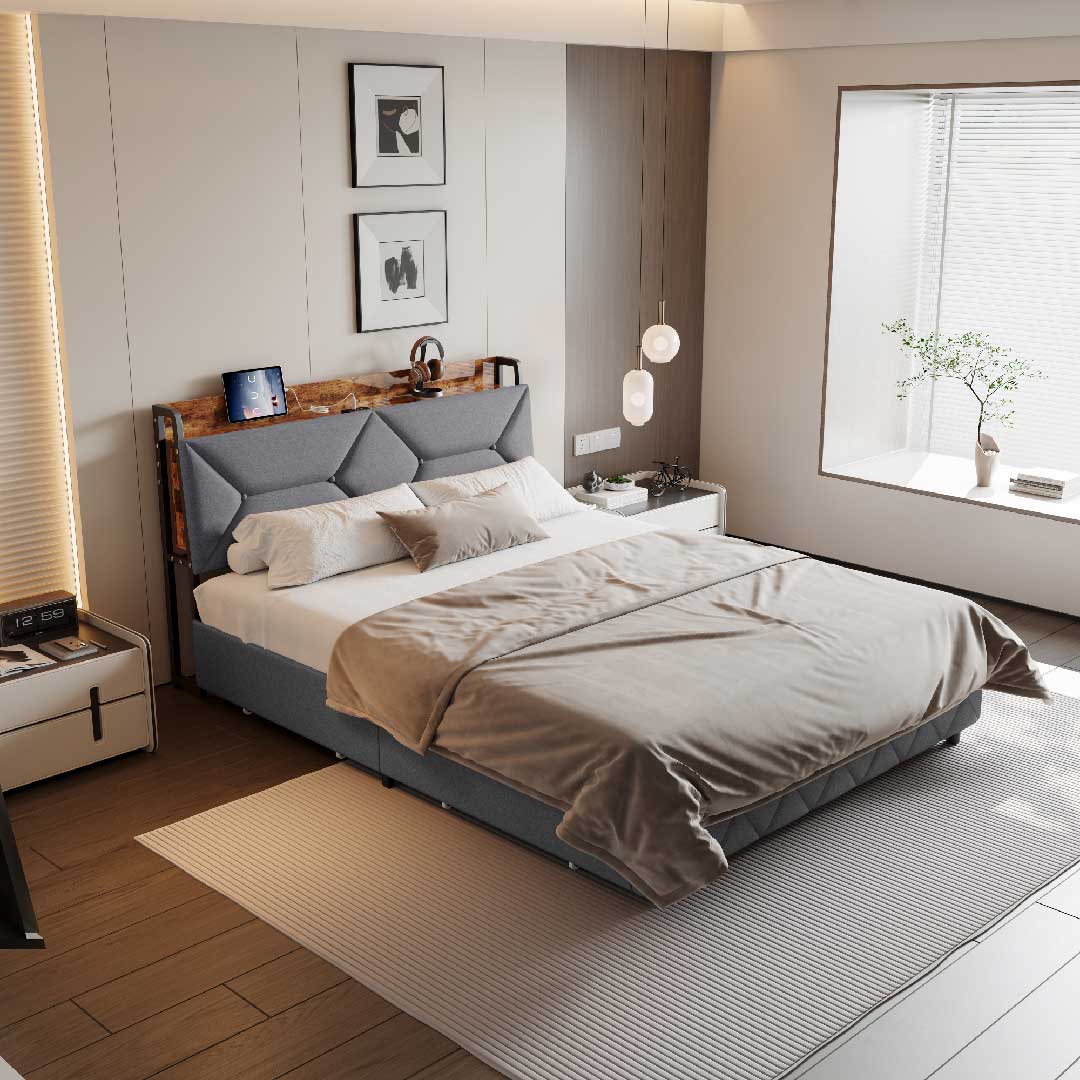 Elegantes Yelenaro Polsterbett mit Holz-Kopfteil, gepolstertem Rückenteil und praktischen Schubladen – ideales Funktionsbett für moderne Wohnungen.