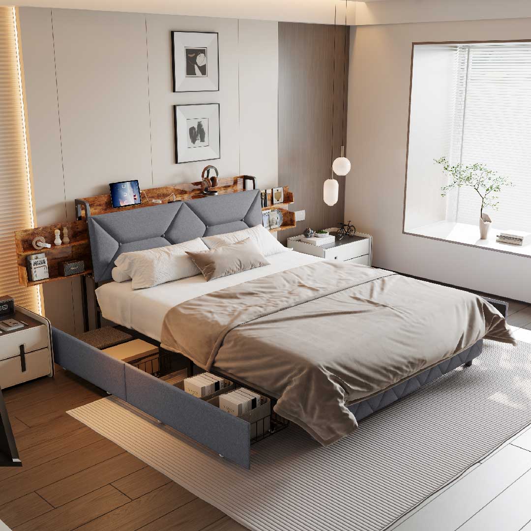 Yelenaro Polsterbett mit vier rollbaren Schubladen und integriertem USB-Anschluss – funktionales Stauraumbett für ein aufgeräumtes Schlafzimmer.