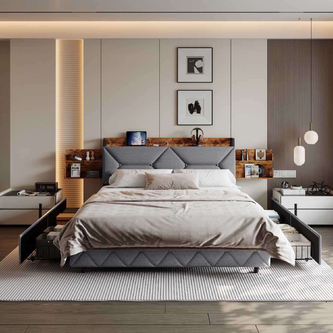 Yelenaro Polsterbett mit USB- und Typ-C-Ladeanschluss, vier Schubladen und Kopfteil-Regal – stilvolles Bett im modernen Design für komfortables Wohnen.