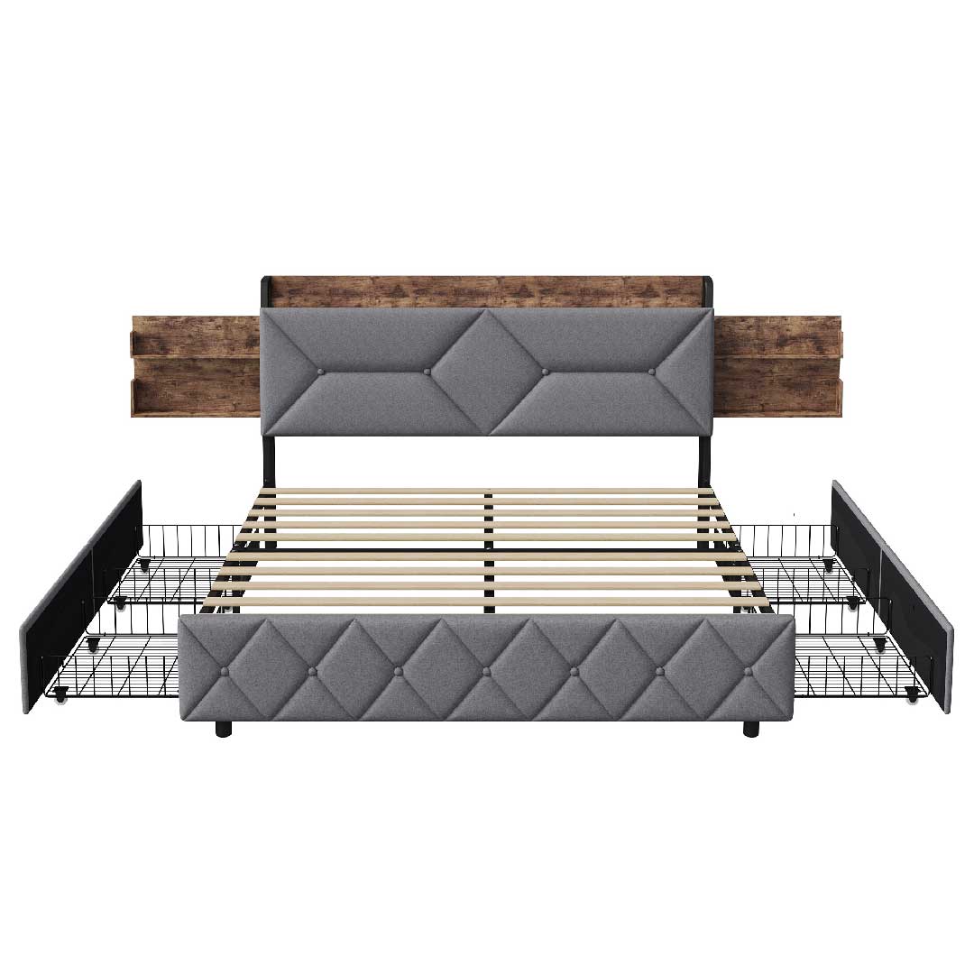 Yelenaro Polsterbett mit 4 Schubladen und Holz-Kopfteil – modernes Stauraumbett mit gepolstertem Design und USB-Ladefunktion auf beiden Seiten.