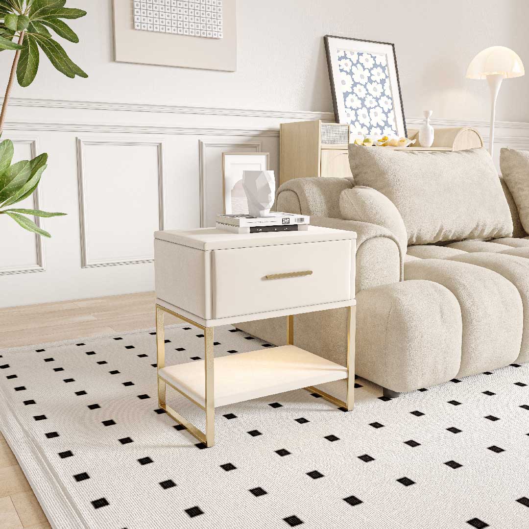 Yelenaro Nachttisch mit LED & Schublade – Moderner Beistelltisch aus Samt mit goldenen Metallbeinen