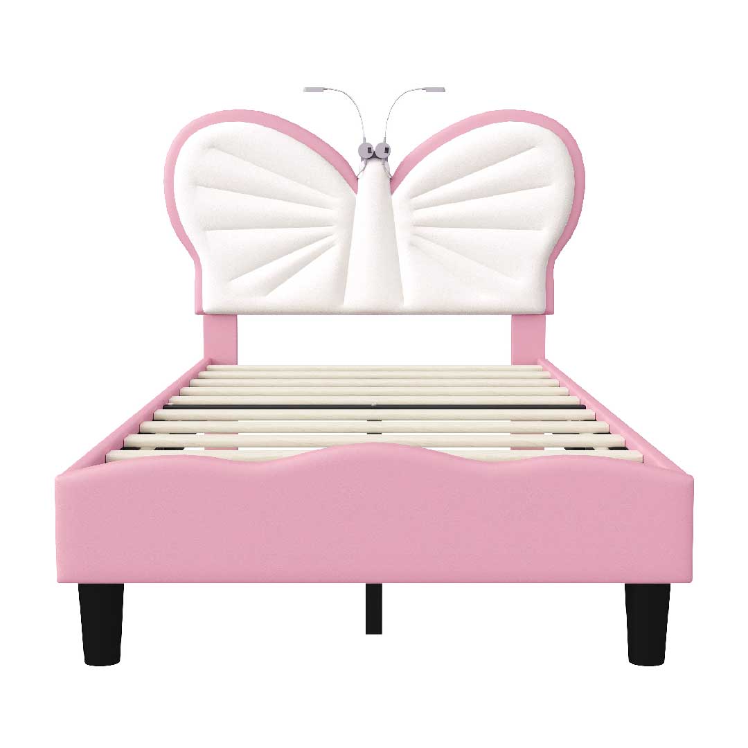 Yelenaro Kinderbett 90x200 Schmetterling Rosa, Polsterbett mit LED-Licht