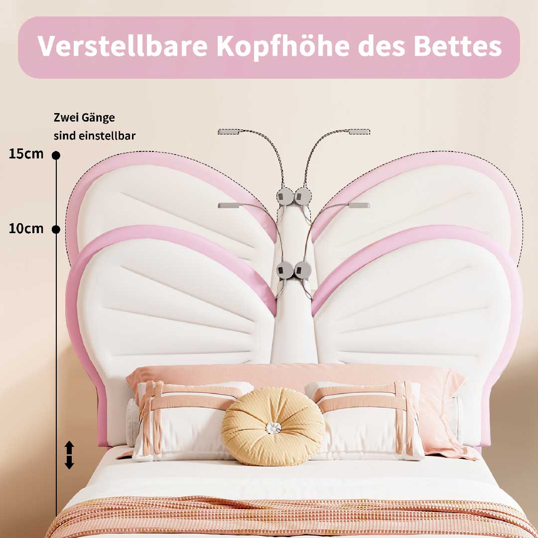 Yelenaro Kinderbett 90x200 Schmetterling Rosa, Polsterbett mit LED-Licht