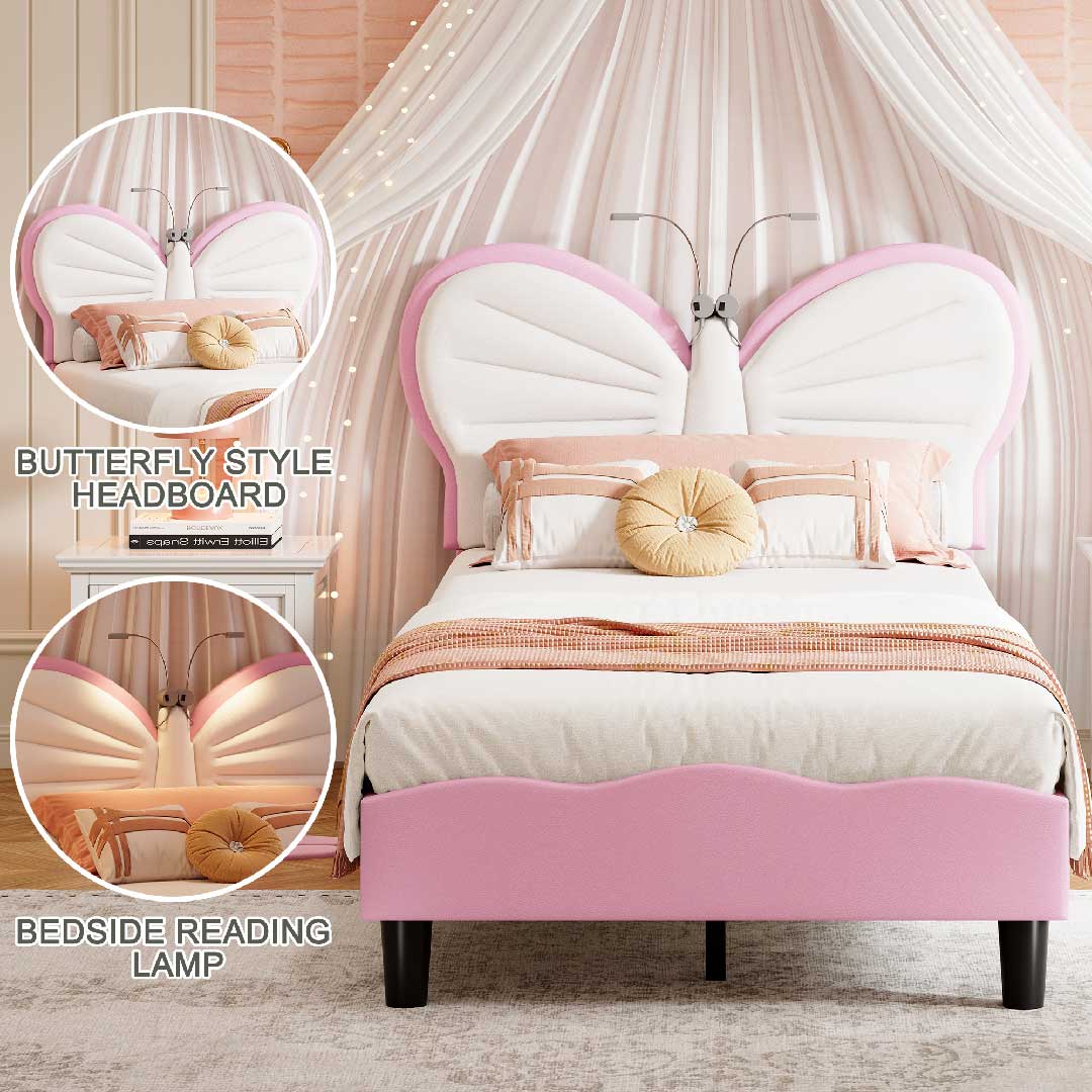 Yelenaro Kinderbett 90x200 Schmetterling Rosa, Polsterbett mit LED-Licht