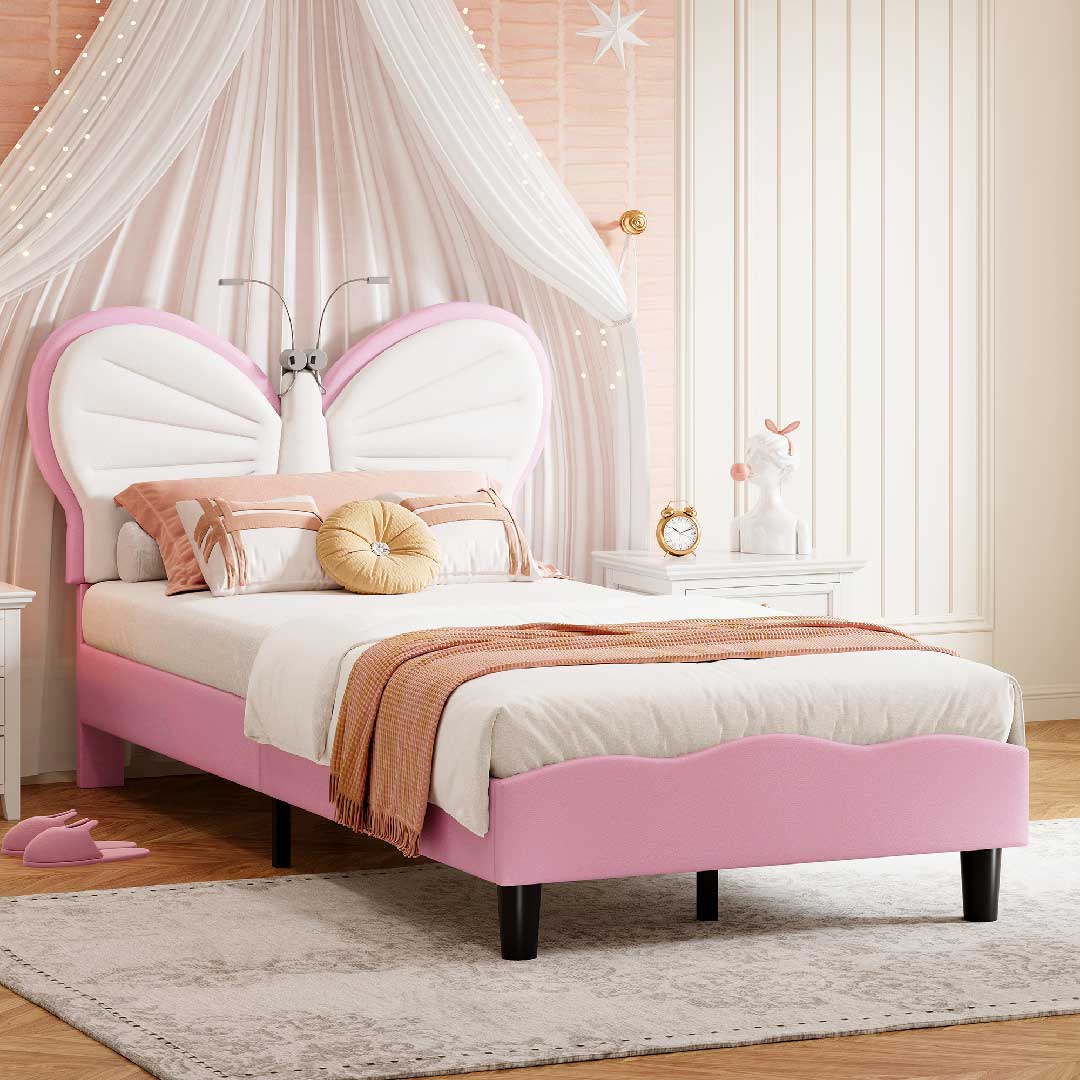 Yelenaro Kinderbett 90x200 Schmetterling Rosa, Polsterbett mit LED-Licht