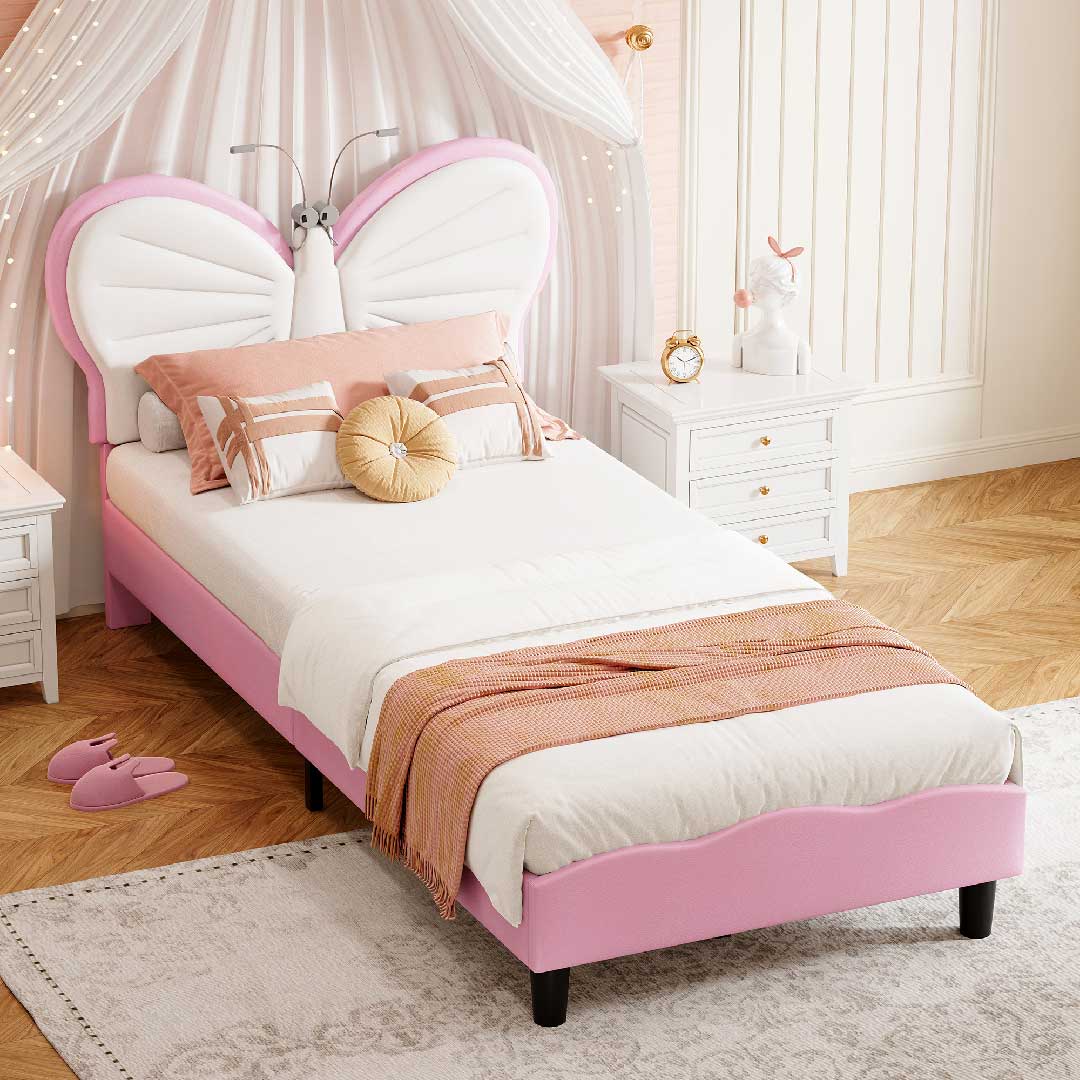 Yelenaro Kinderbett 90x200 Schmetterling Rosa, Polsterbett mit LED-Licht