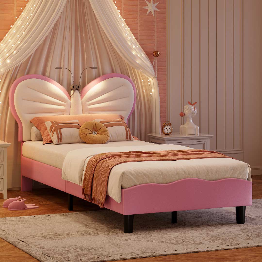 Yelenaro Kinderbett 90x200 Schmetterling Rosa, Polsterbett mit LED-Licht