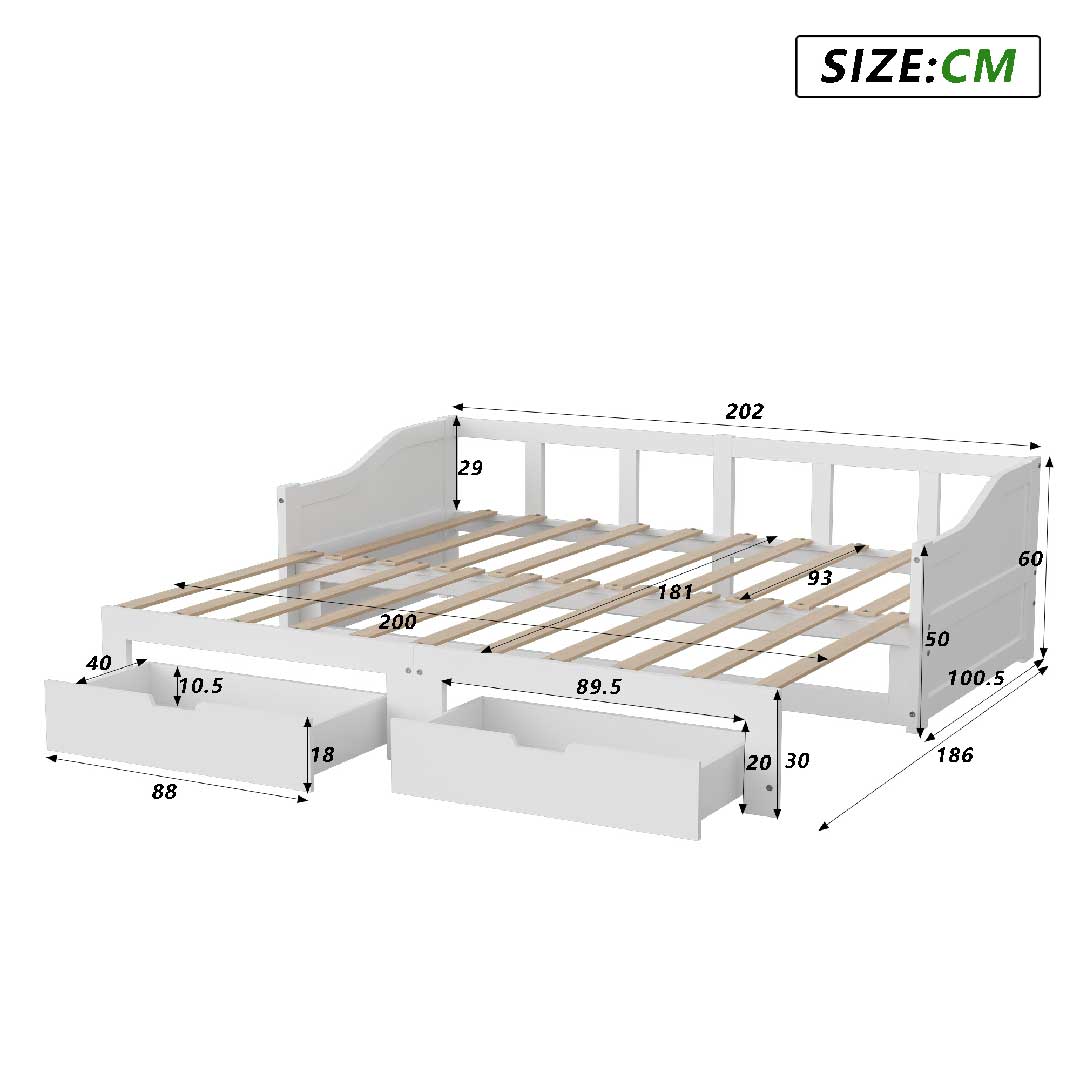 Tagesbett Ausziehbar 90/180x200 cm mit 2 Schubladen – Massivholz Gästebett mit Ausziehfunktion & Lattenrost, Weiß