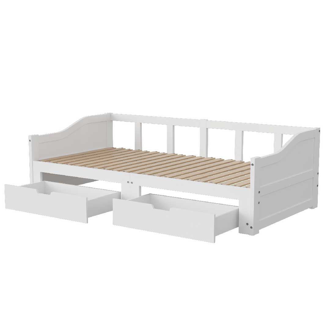 Tagesbett Ausziehbar 90/180x200 cm mit 2 Schubladen – Massivholz Gästebett mit Ausziehfunktion & Lattenrost, Weiß