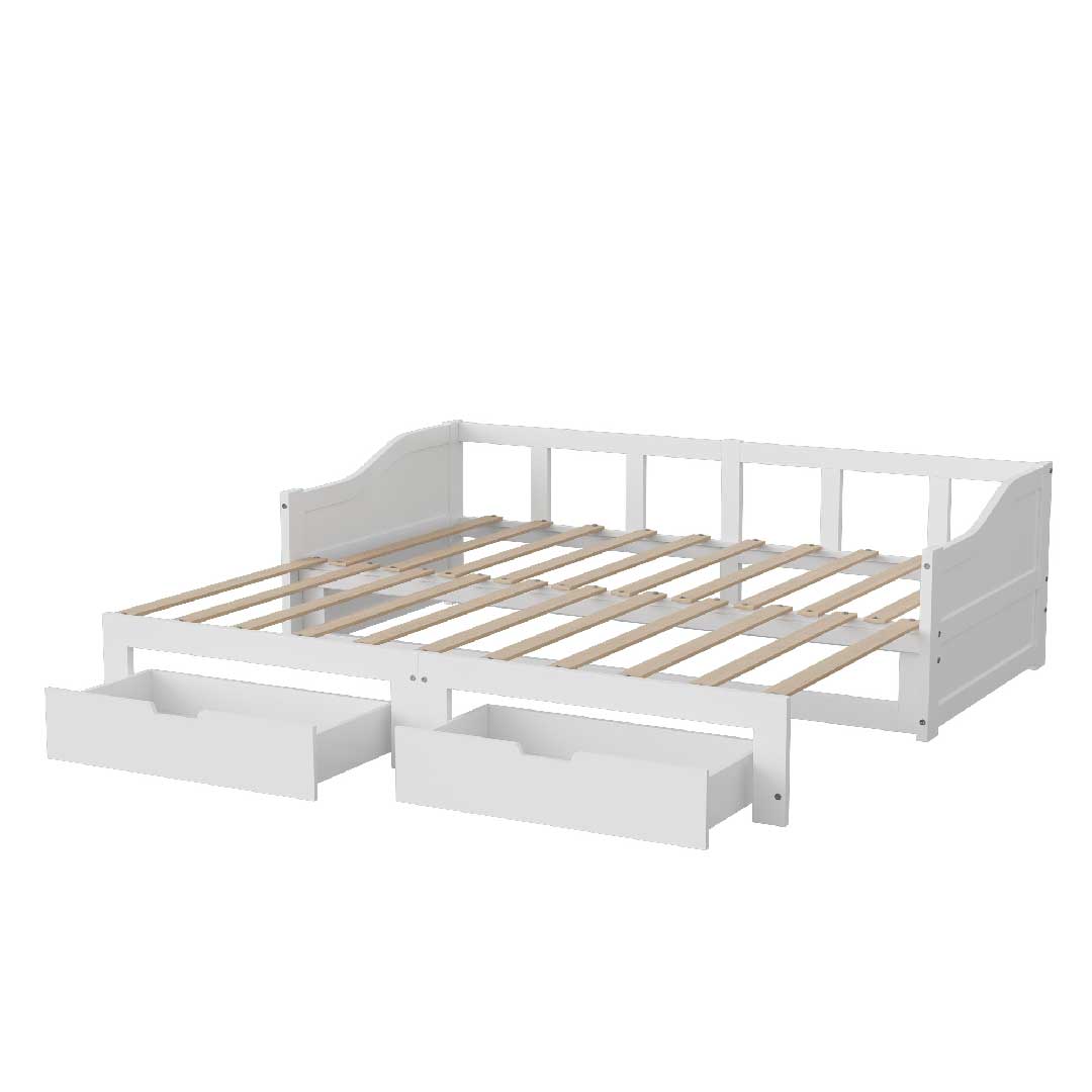 Tagesbett Ausziehbar 90/180x200 cm mit 2 Schubladen – Massivholz Gästebett mit Ausziehfunktion & Lattenrost, Weiß