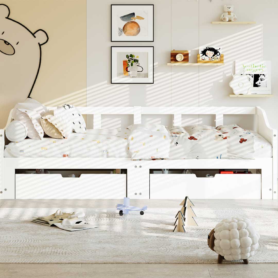 Tagesbett Ausziehbar 90/180x200 cm mit 2 Schubladen – Massivholz Gästebett mit Ausziehfunktion & Lattenrost, Weiß
