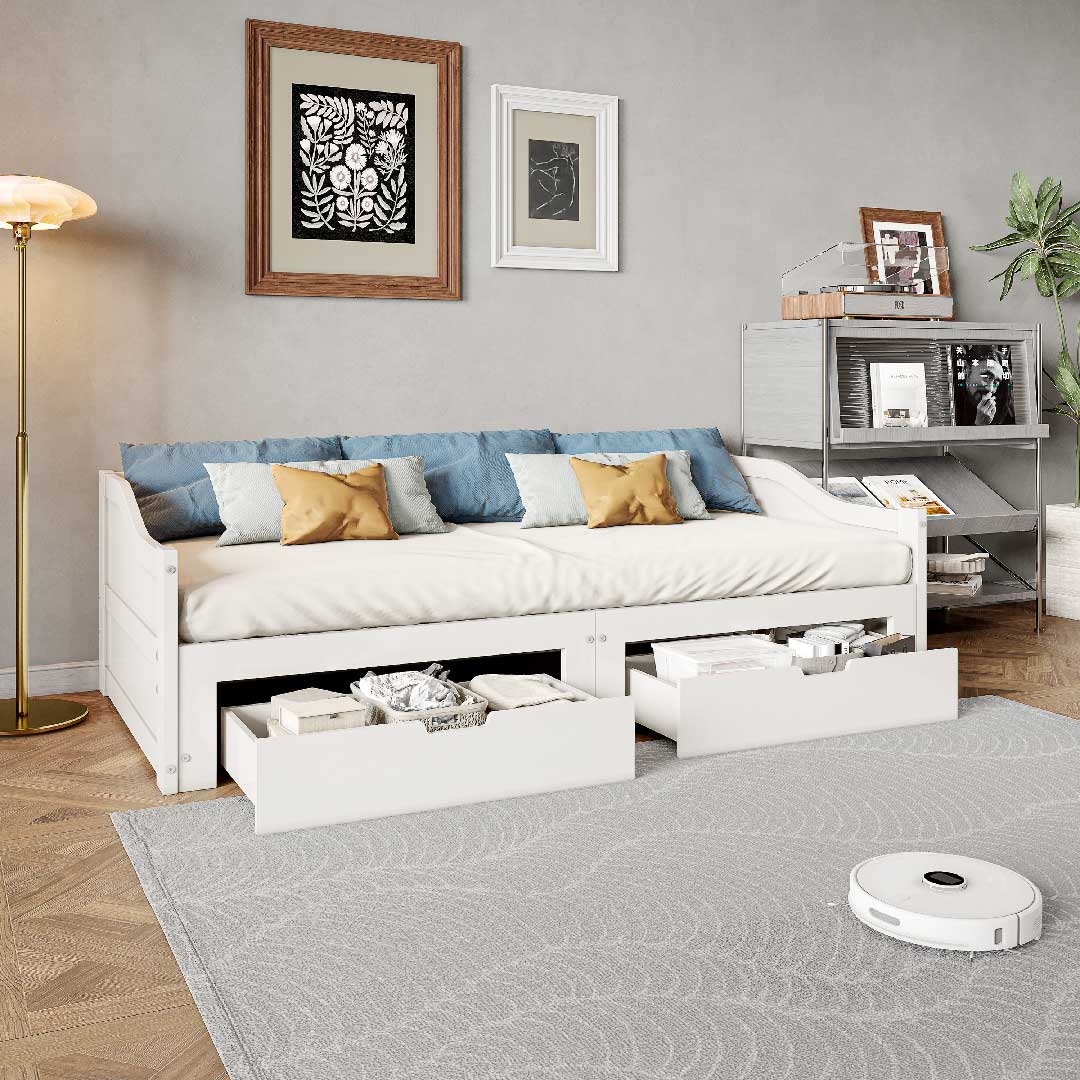 Tagesbett Ausziehbar 90/180x200 cm mit 2 Schubladen – Massivholz Gästebett mit Ausziehfunktion & Lattenrost, Weiß