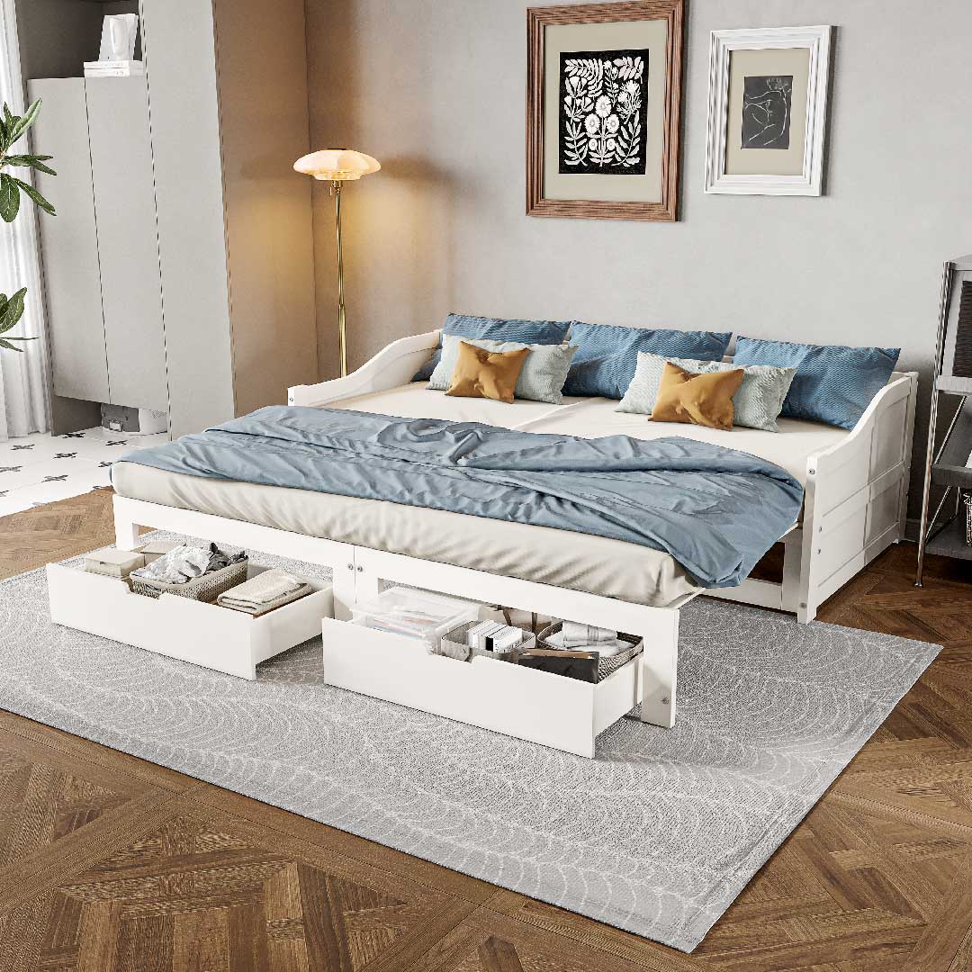 Tagesbett Ausziehbar 90/180x200 cm mit 2 Schubladen – Massivholz Gästebett mit Ausziehfunktion & Lattenrost, Weiß