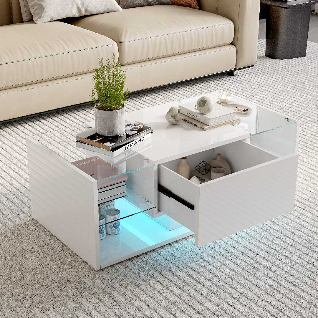 Yelenaro LED Couchtisch – Moderner Hochglanz-Wohnzimmertisch mit Glasablage & Schublade