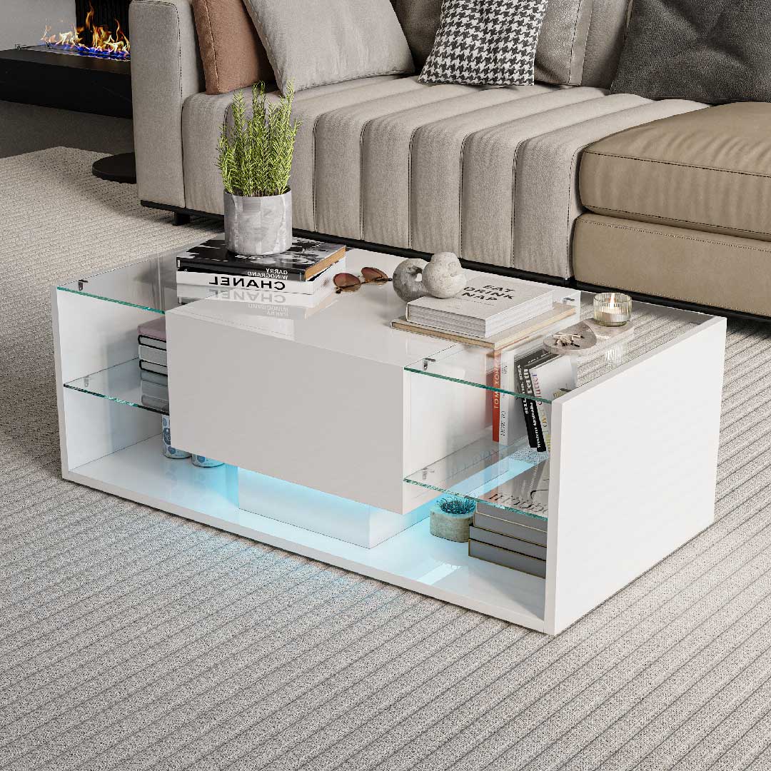 Yelenaro LED Couchtisch – Moderner Hochglanz-Wohnzimmertisch mit Glasablage & Schublade