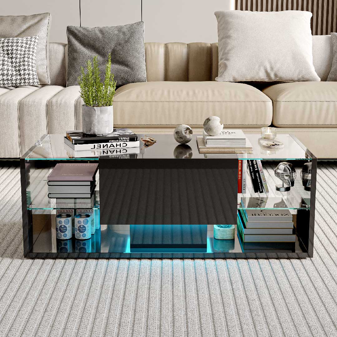 Yelenaro LED Couchtisch – Moderner Hochglanz-Wohnzimmertisch mit Glasablage & Schublade