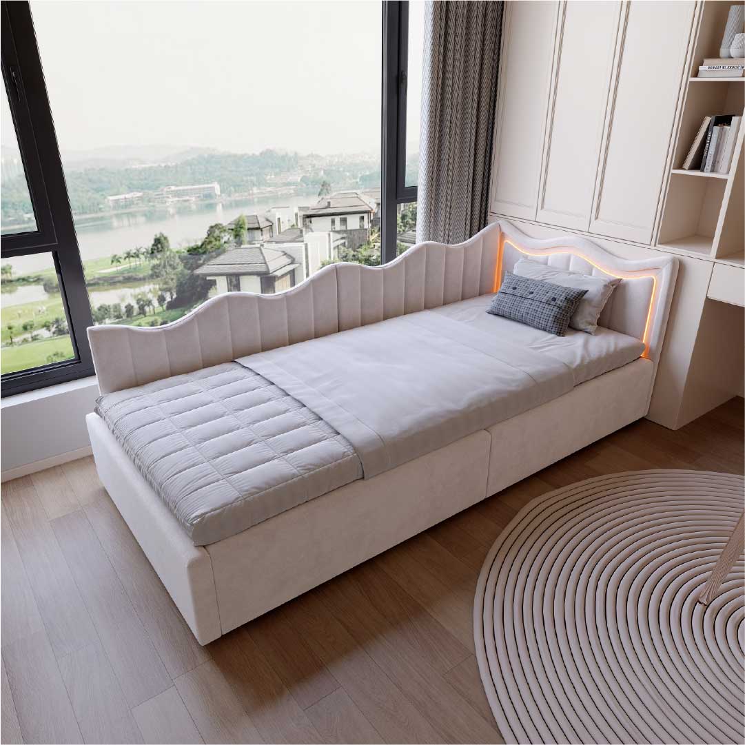 Yelenaro Polsterbett 90x200 mit LED & Bettkasten – Stauraumbett mit Lattenrost