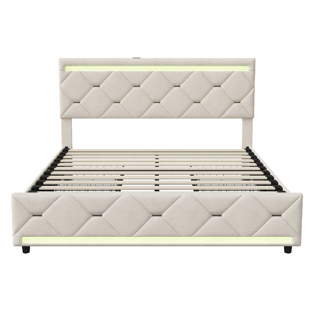 YELENARO LED-Polsterbett 140×190 cm mit USB & Type-C Ladeanschluss – Doppelbett mit 4 Schubladen, Modernes Stauraumbett in Beige