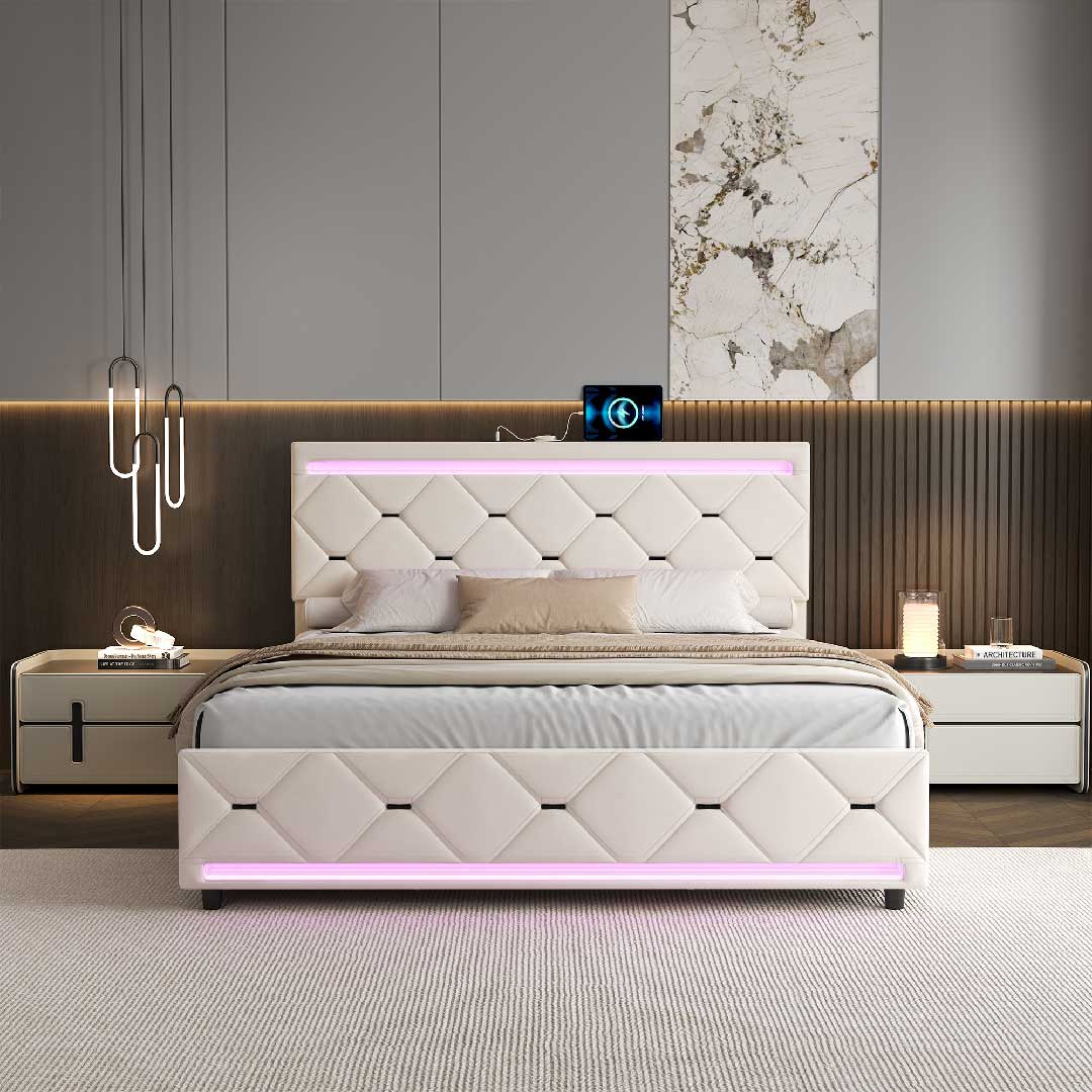 YELENARO LED-Polsterbett 140×190 cm mit USB & Type-C Ladeanschluss – Doppelbett mit 4 Schubladen, Modernes Stauraumbett in Beige