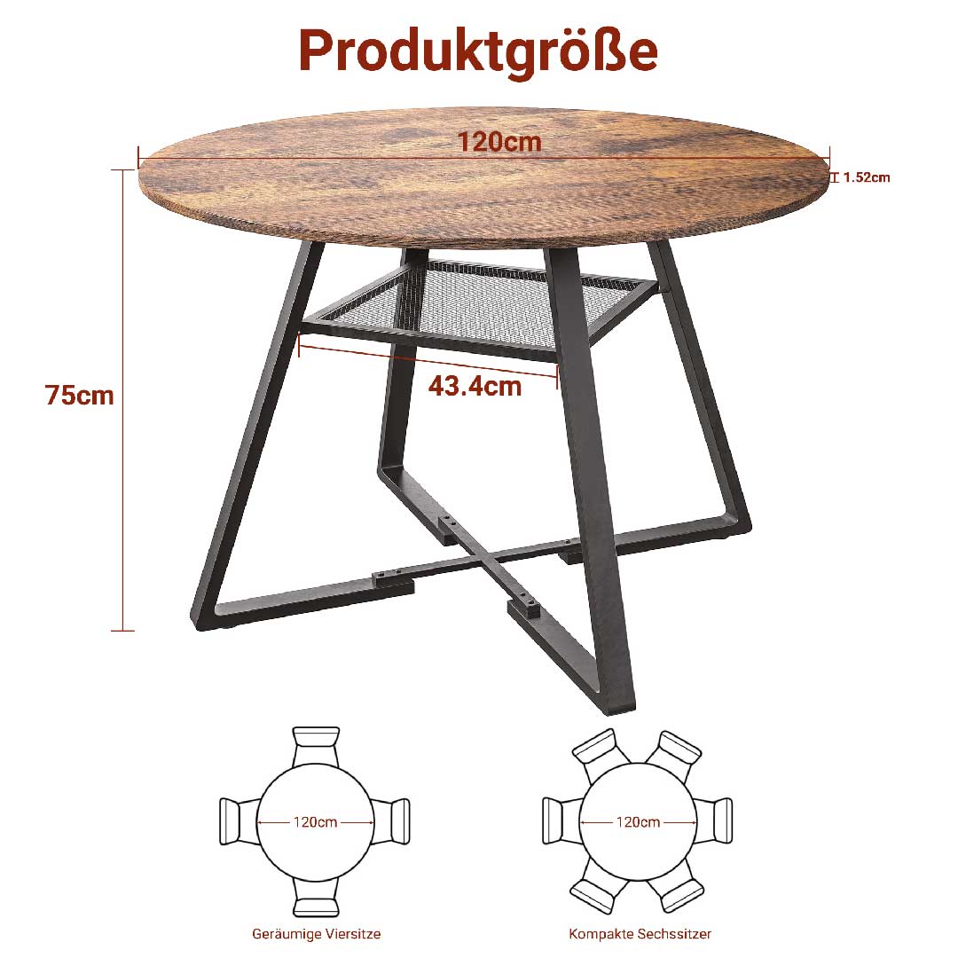 YELENARO Runder Esstisch 120 cm – Holz Küchentisch mit Metallbeinen & Ablage im Vintage-Industriedesign