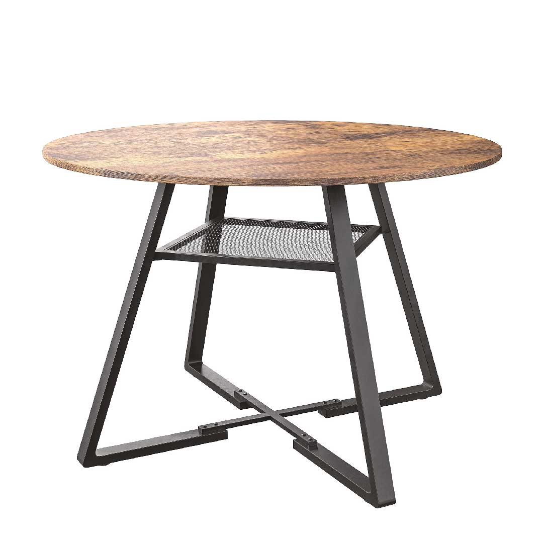 YELENARO Runder Esstisch 120 cm – Holz Küchentisch mit Metallbeinen & Ablage im Vintage-Industriedesign