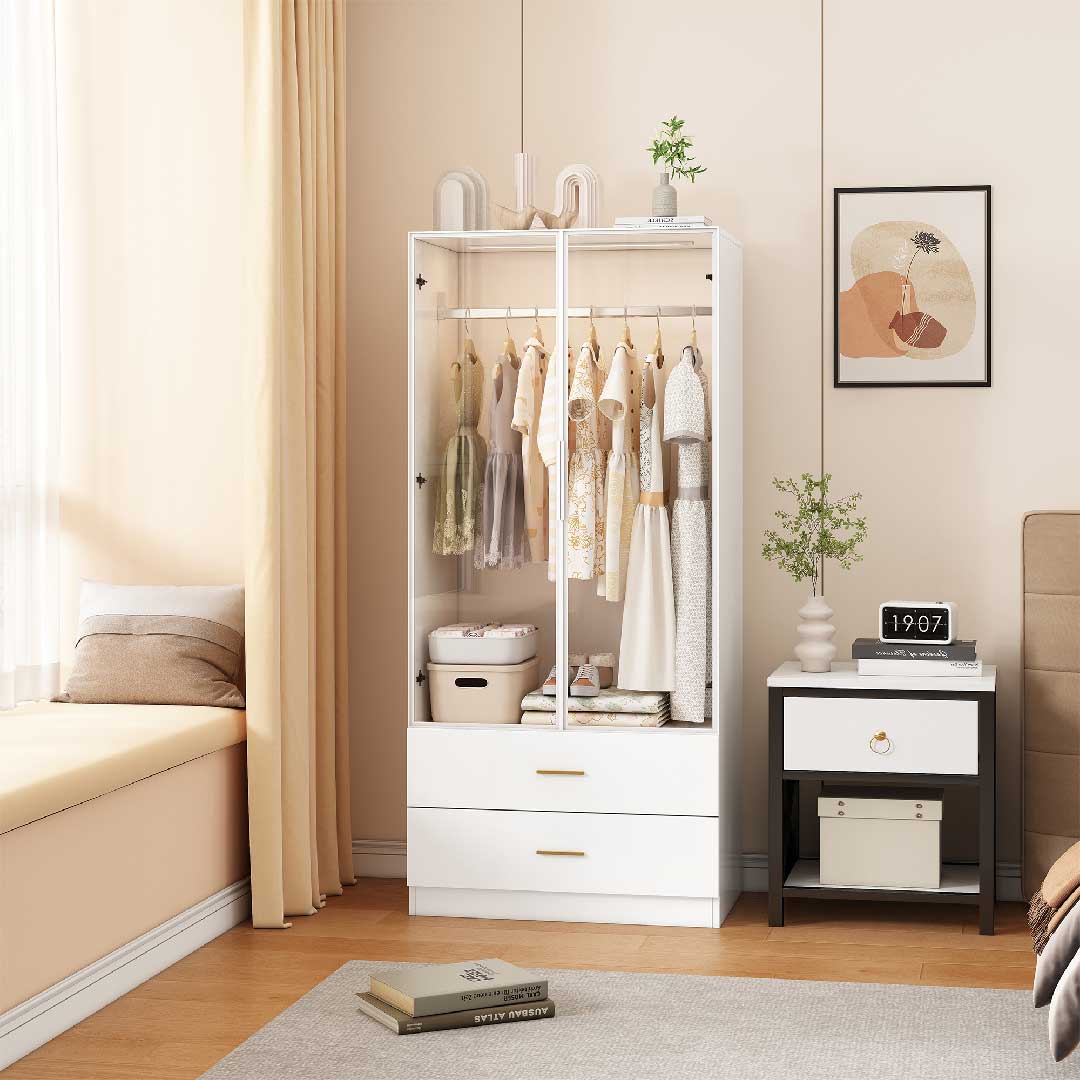 Yelenaro Kleiderschrank mit LED & Glastüren – Weißer Schrank mit 2 Schubladen