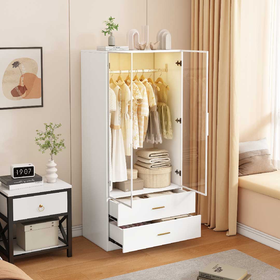 Yelenaro Kleiderschrank mit LED & Glastüren – Weißer Schrank mit 2 Schubladen